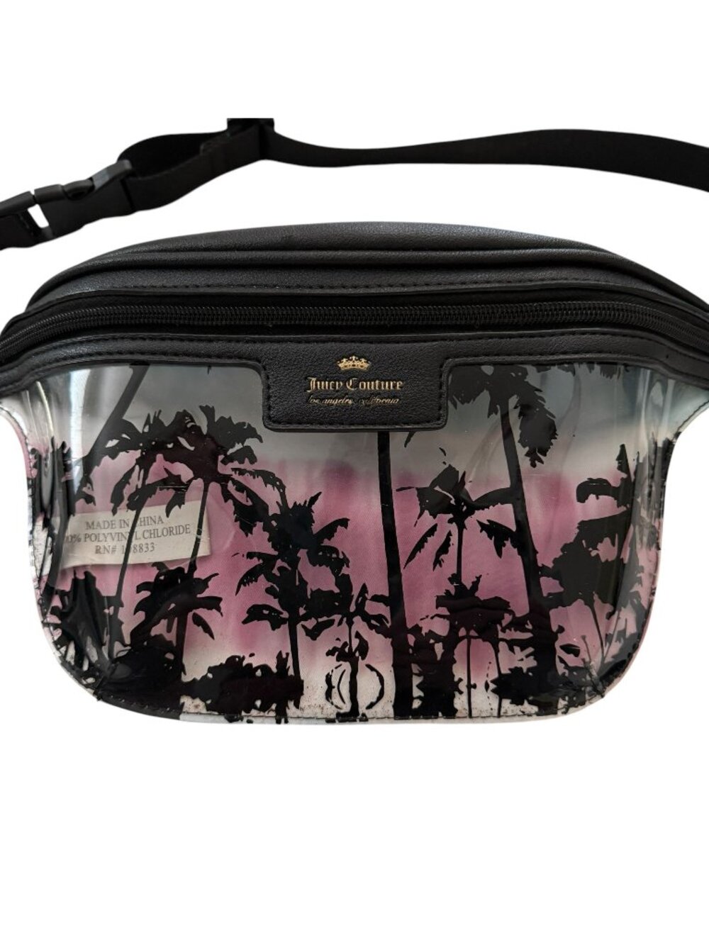 Juicy Couture Black & Pink Transparent Palm Tree Print Belt Bag Adjustable Strap